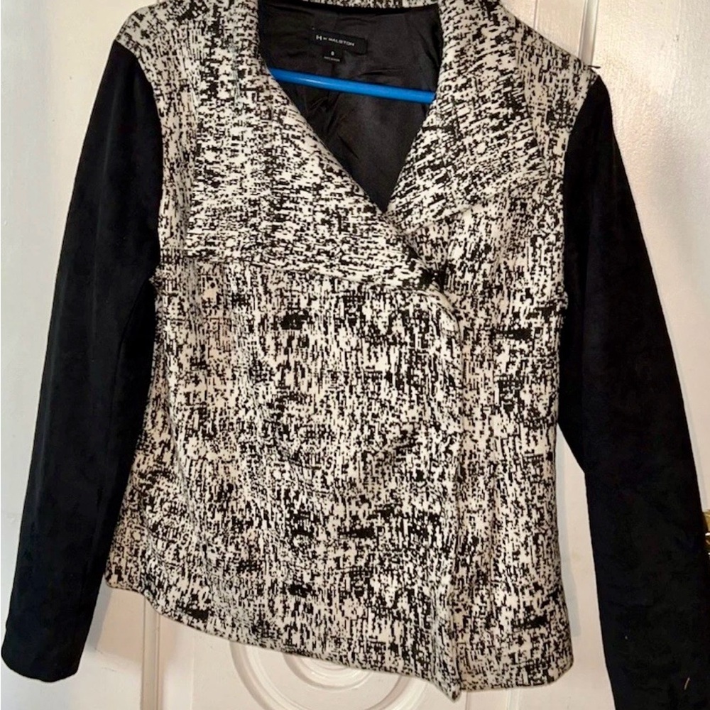 H By Halston Black and Cream Moto Zippered Jacket Suede Sleeves Size 8
